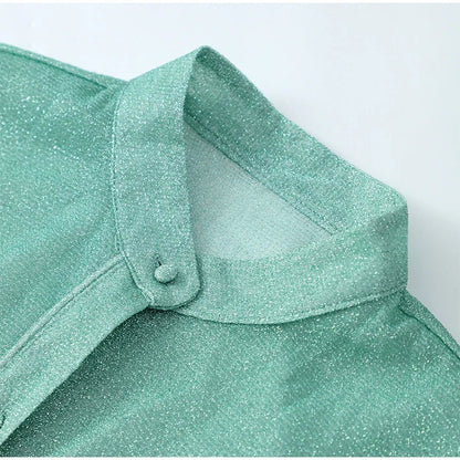 Fudus | Glänzende Feder-patchwork Stehkragen-bluse