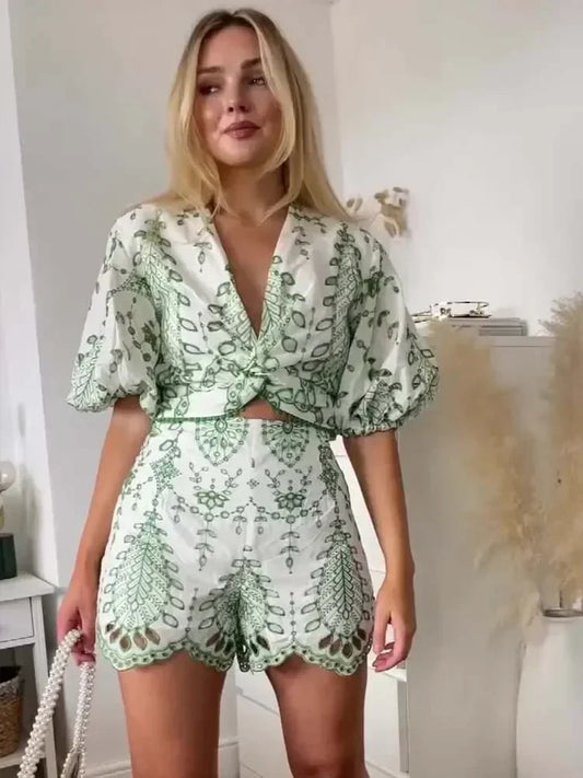 Fudus | Bestickte Bluse Und Shorts Zweiteiliges Sat