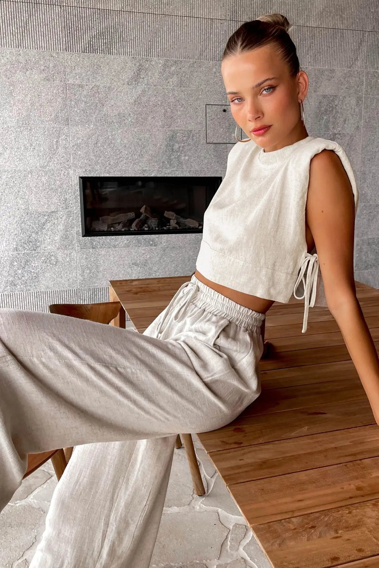 Fudus | Leinen Schnür Crop Top Und Lockere Hose Schlafanzug Sat
