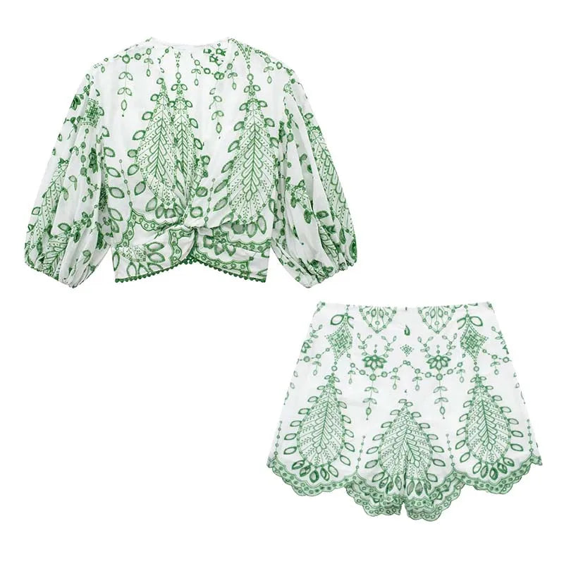 Fudus | Bestickte Bluse Und Shorts Zweiteiliges Sat