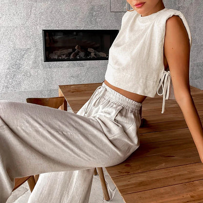 Fudus | Leinen Schnür Crop Top Und Lockere Hose Schlafanzug Sat