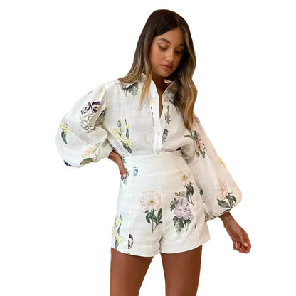 Fudus | Leinen Bedrucktes Langarmshirt Und Hochtaillierte Shorts Sat