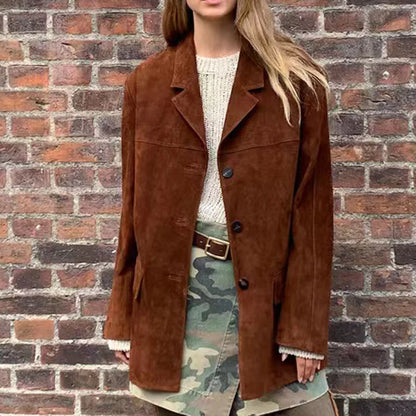 Reishana | Damen Vintage Jacke aus braunem Wildleder und Baumwolle