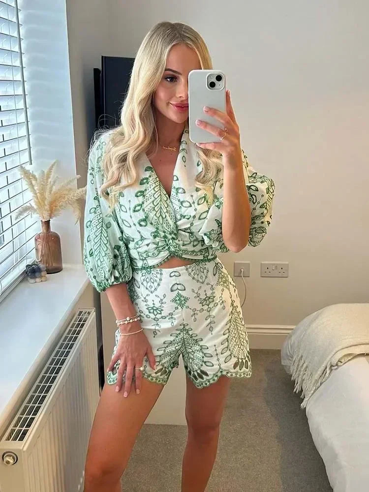 Fudus | Bestickte Bluse Und Shorts Zweiteiliges Sat