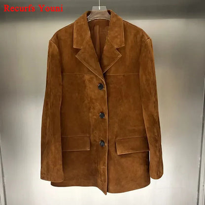 Reishana | Damen Vintage Jacke aus braunem Wildleder und Baumwolle