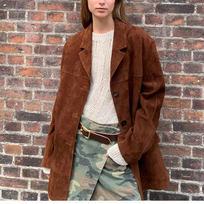 Reishana | Damen Vintage Jacke aus braunem Wildleder und Baumwolle