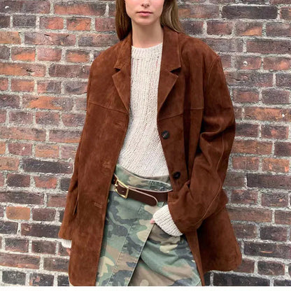 Reishana | Damen Vintage Jacke aus braunem Wildleder und Baumwolle