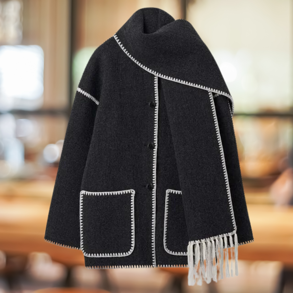 Quirina | Elegante Langarmtasche einreihige Knopfjacke mit Schal