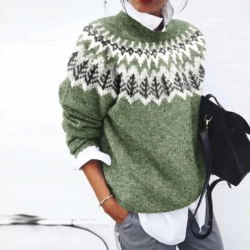 Clara - Stilvoller grüner Langarmpullover mit einzigartigem Druck
