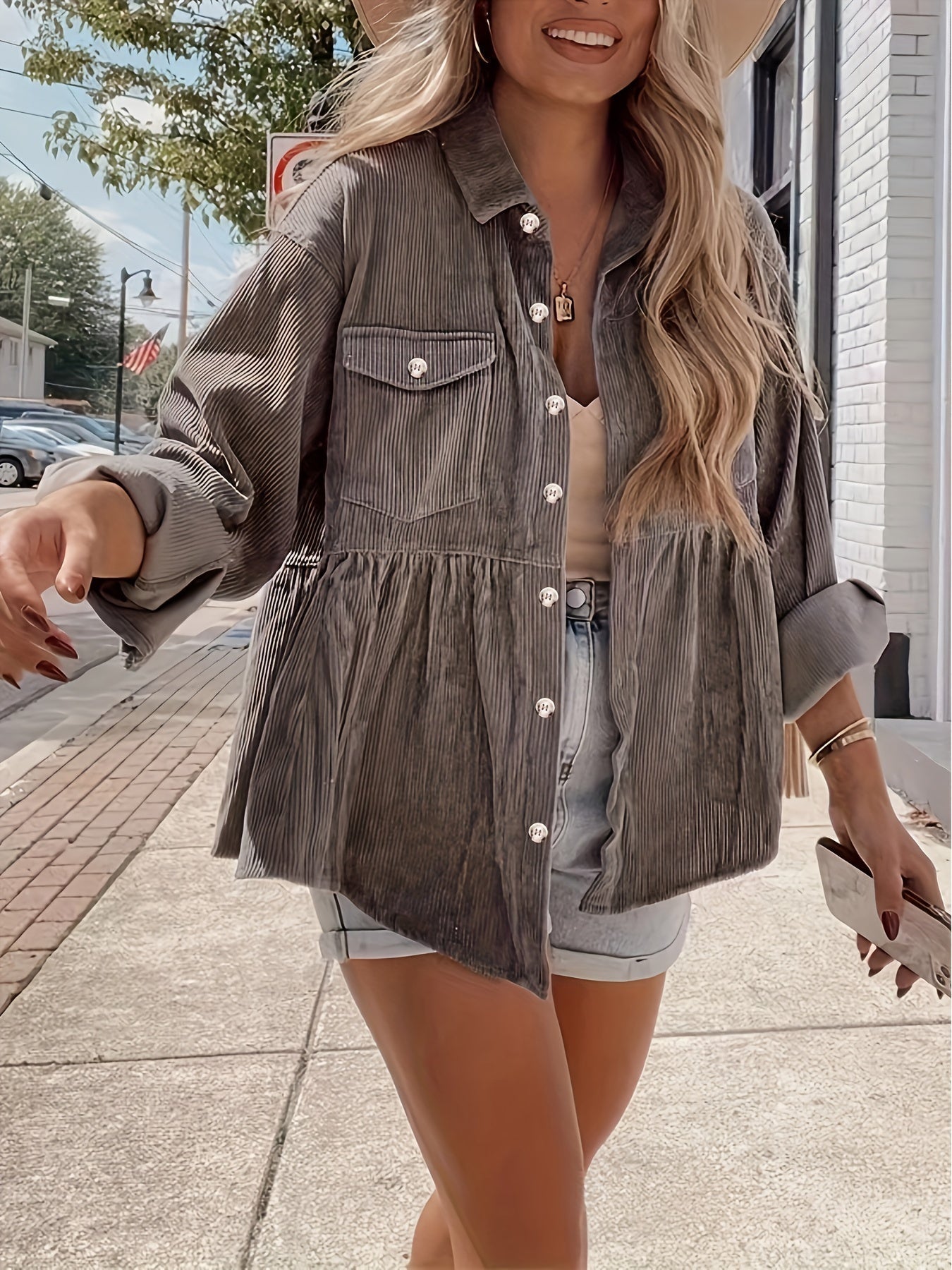Leyariel | Graue Cordjacke mit Knopfleiste