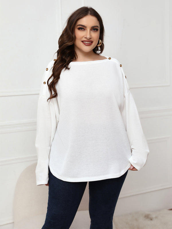 Fudus | Einfarbig Plus Size Langarm Lockere Bluse