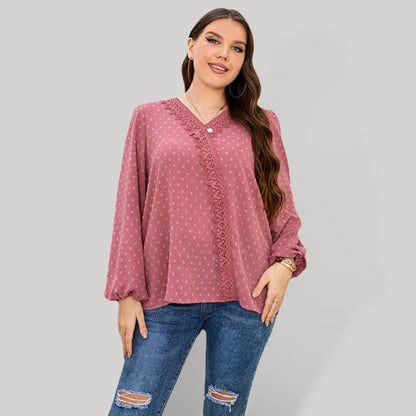 Fudus | Plus Size Schweizer Spitzenbesatz Schweizer Punkte Puffärmel Bluse