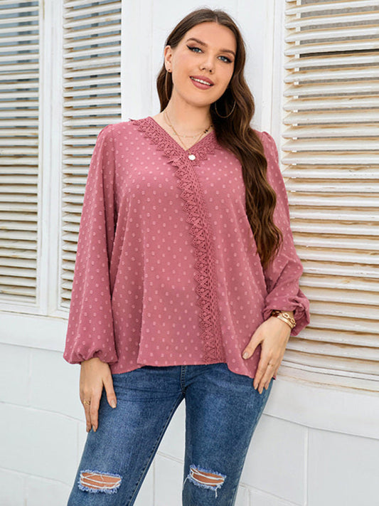 Fudus | Plus Size Schweizer Spitzenbesatz Schweizer Punkte Puffärmel Bluse