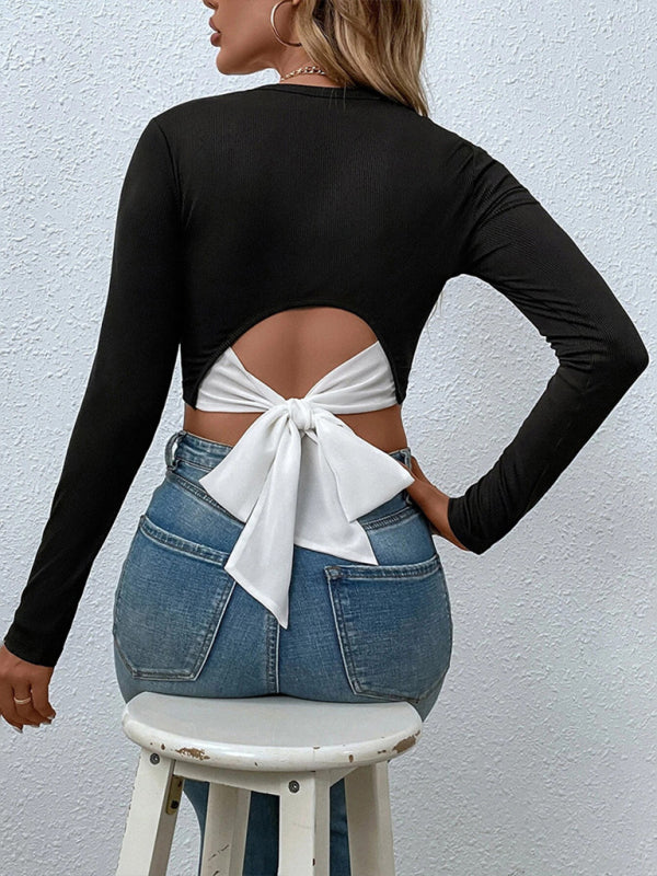 Fudus | Gestrickte Offene Taille Langarm Cropped Top