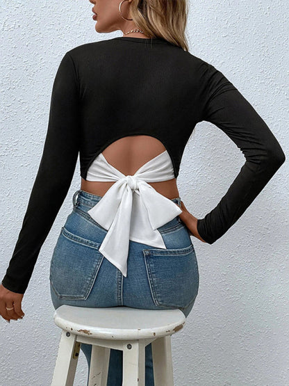 Fudus | Gestrickte Offene Taille Langarm Cropped Top