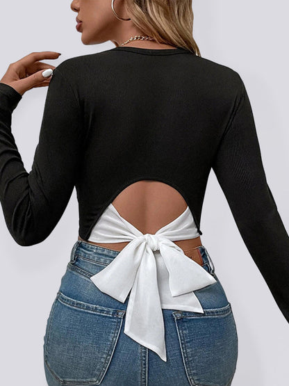 Fudus | Gestrickte Offene Taille Langarm Cropped Top