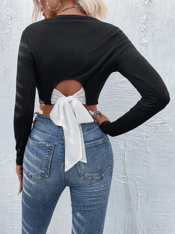 Fudus | Gestrickte Offene Taille Langarm Cropped Top