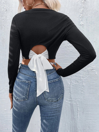 Fudus | Gestrickte Offene Taille Langarm Cropped Top