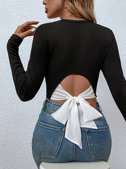 Fudus | Gestrickte Offene Taille Langarm Cropped Top