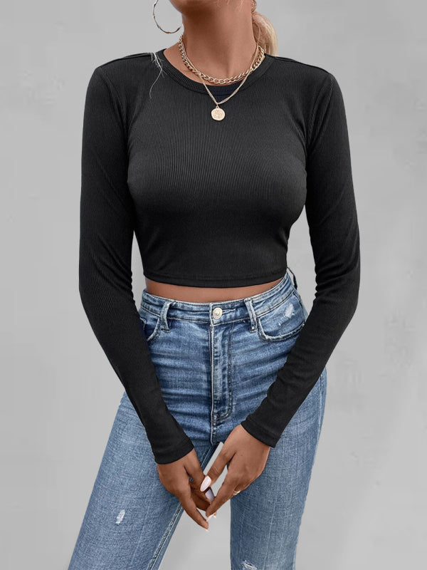 Fudus | Gestrickte Offene Taille Langarm Cropped Top