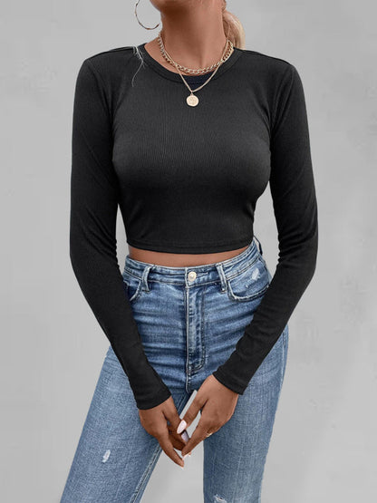 Fudus | Gestrickte Offene Taille Langarm Cropped Top