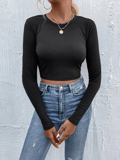 Fudus | Gestrickte Offene Taille Langarm Cropped Top