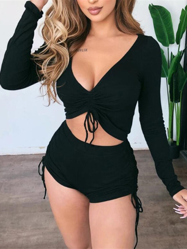 Fudus | Einfarbiger Geraffter Crop-top- Und Shorts-satz