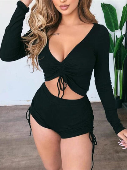 Fudus | Einfarbiger Geraffter Crop-top- Und Shorts-satz