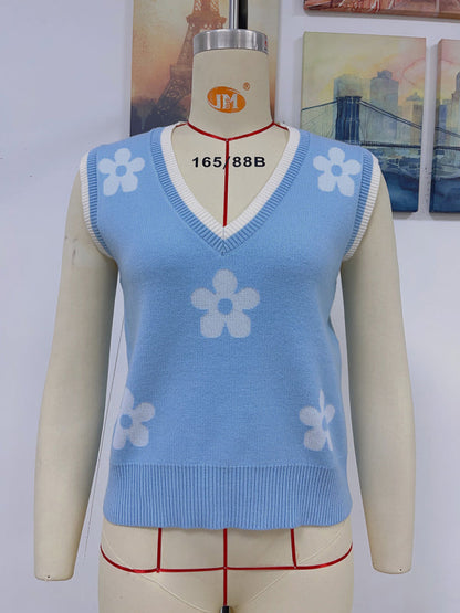 Fudus | Kontrastfarbe Jacquard V-ausschnitt Ärmelloses Stricktop
