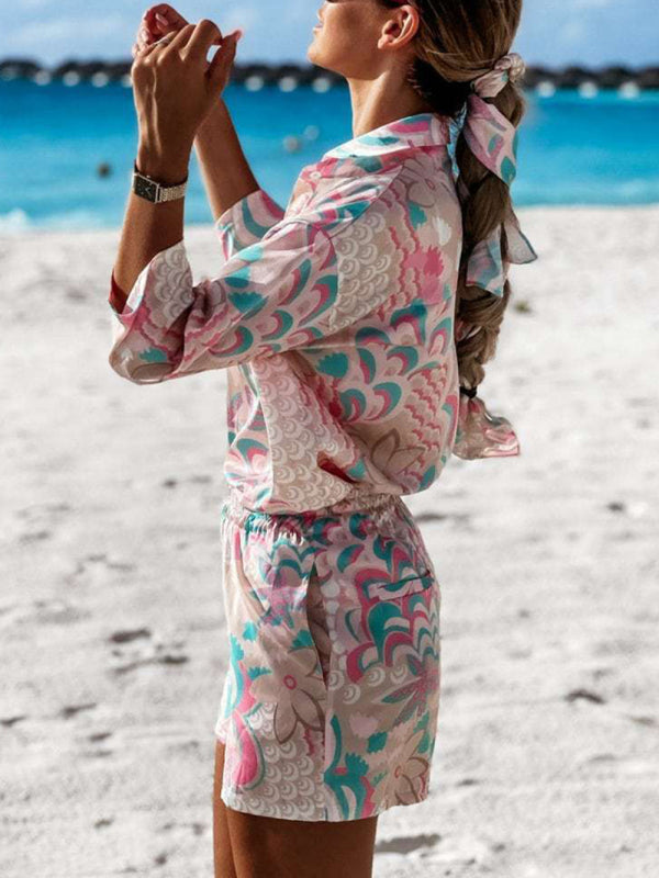 Fudus | Blumen Print Tie Front Kurzarmshirt Passende Shorts