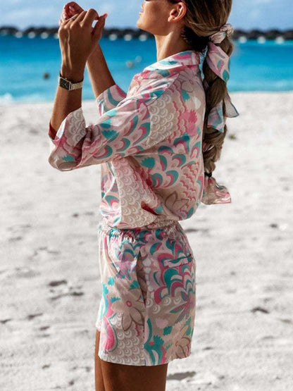 Fudus | Blumen Print Tie Front Kurzarmshirt Passende Shorts