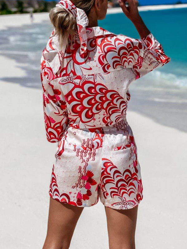 Fudus | Blumen Print Tie Front Kurzarmshirt Passende Shorts