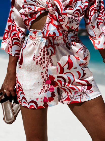Fudus | Blumen Print Tie Front Kurzarmshirt Passende Shorts