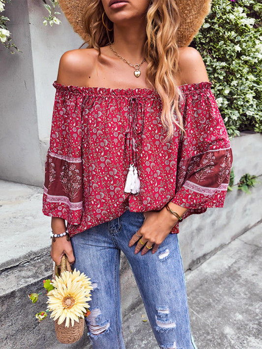 Fudus | Bohemian Print Loose Schulterfrei Shirt