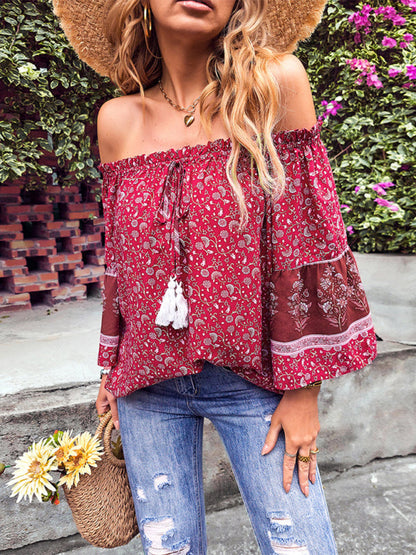 Fudus | Bohemian Print Loose Schulterfrei Shirt