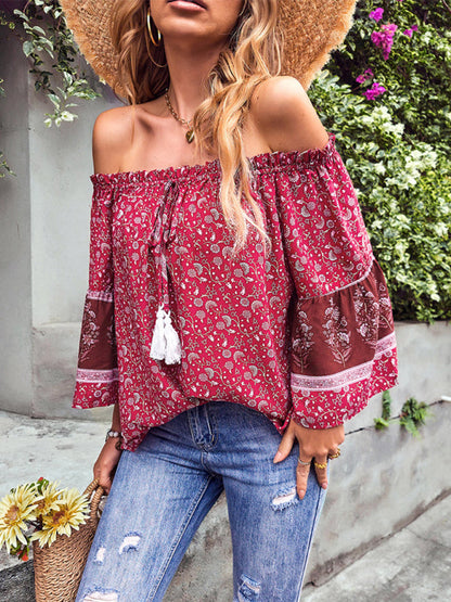 Fudus | Bohemian Print Loose Schulterfrei Shirt