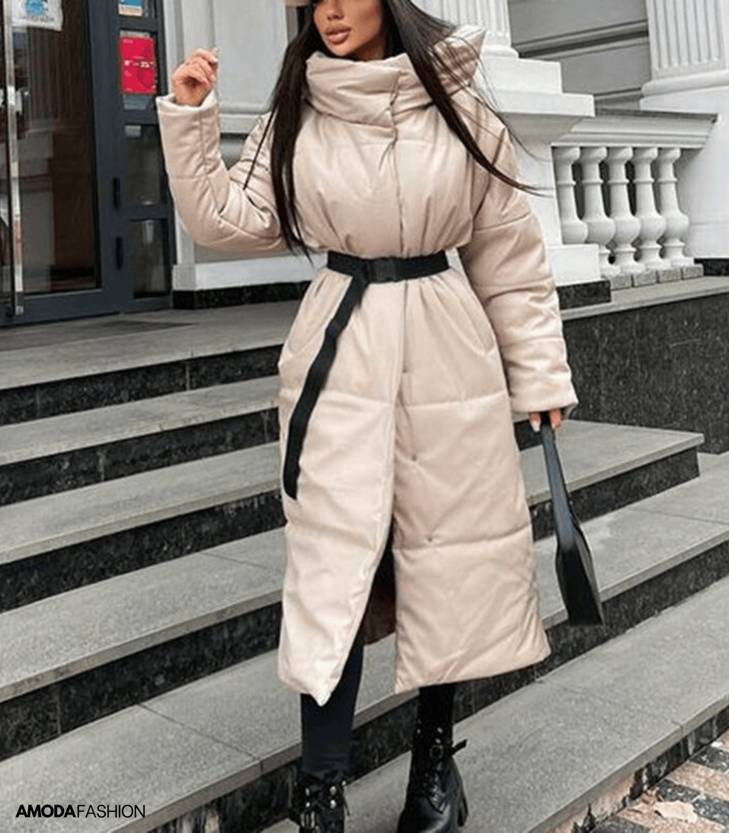 Yieleta | Lange Leder-Pufferjacke mit Gürtel