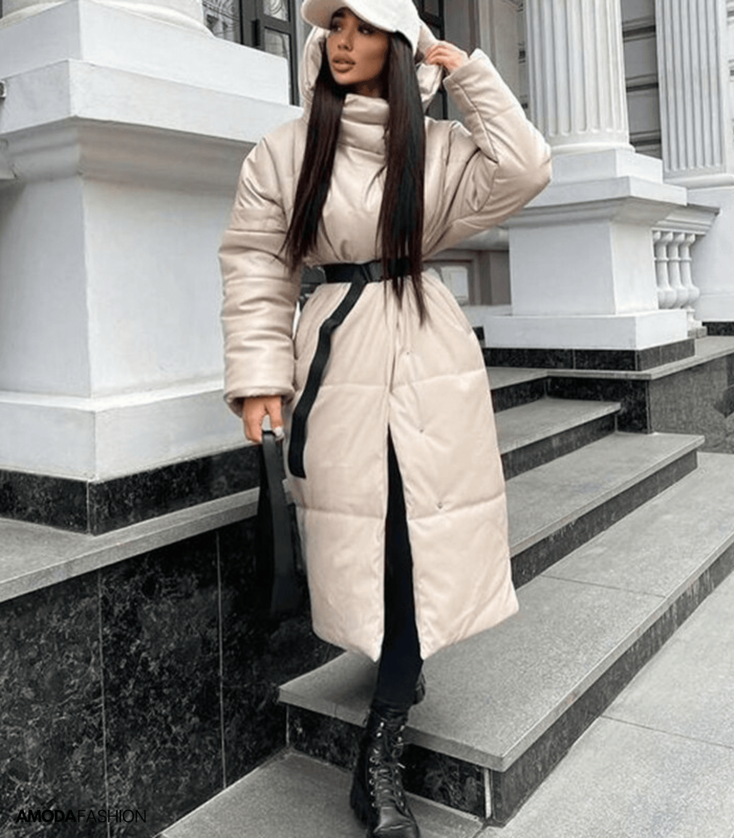 Yieleta | Lange Leder-Pufferjacke mit Gürtel