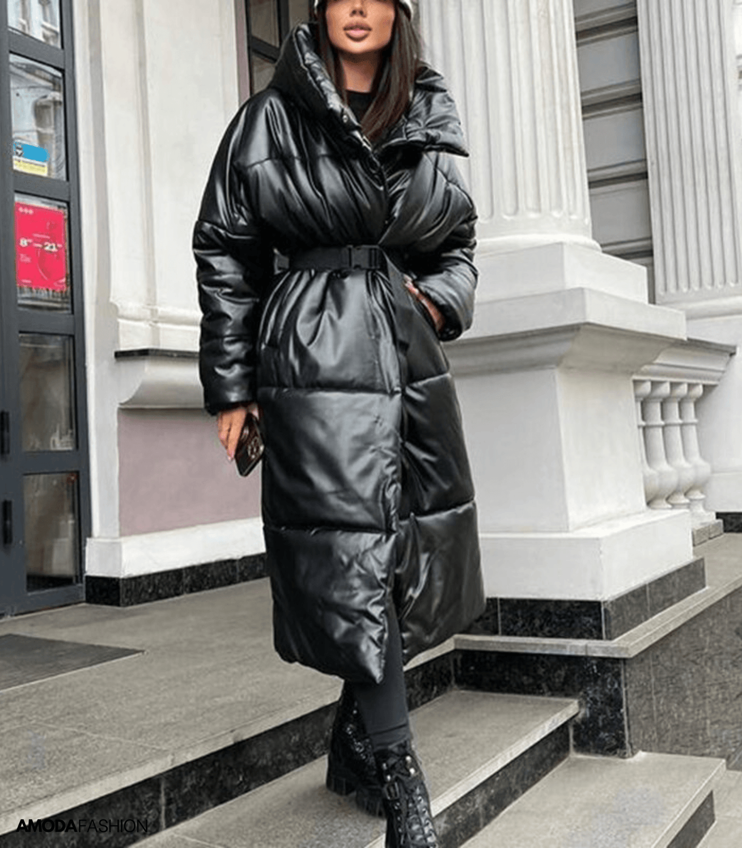 Yieleta | Lange Leder-Pufferjacke mit Gürtel