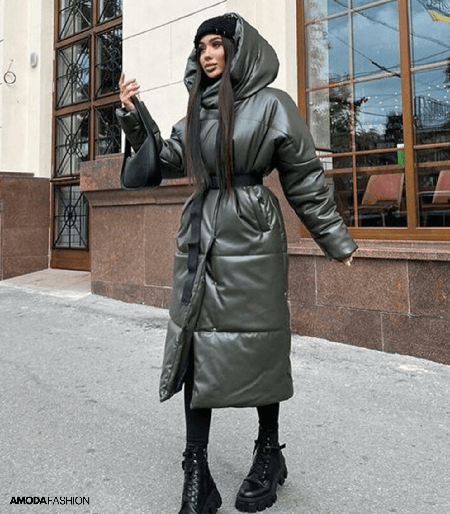 Yieleta | Lange Leder-Pufferjacke mit Gürtel