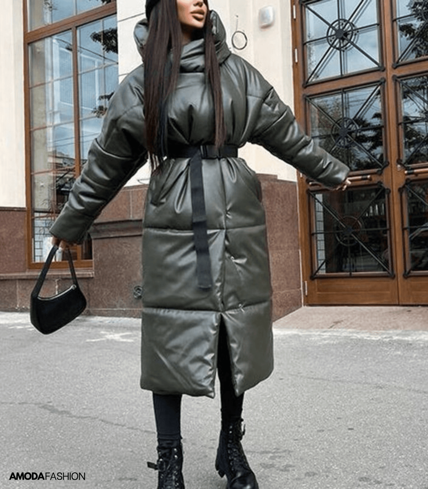 Yieleta | Lange Leder-Pufferjacke mit Gürtel