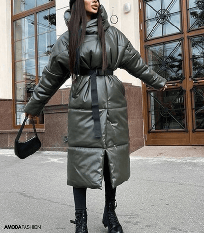 Yieleta | Lange Leder-Pufferjacke mit Gürtel