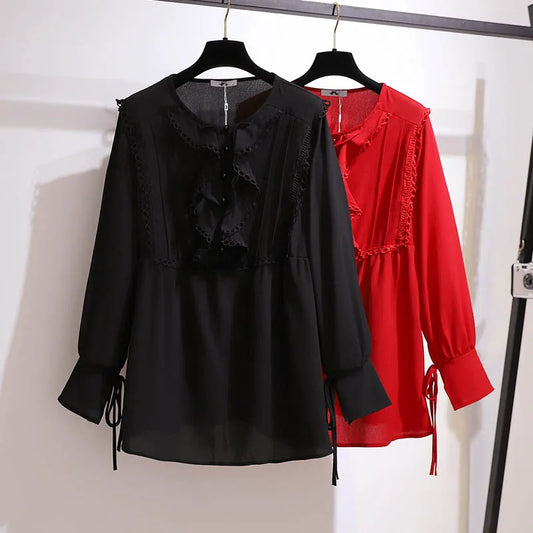 Fudus | 5-9xl Bluse Mode Designer Chiffon Langarm Oberteile