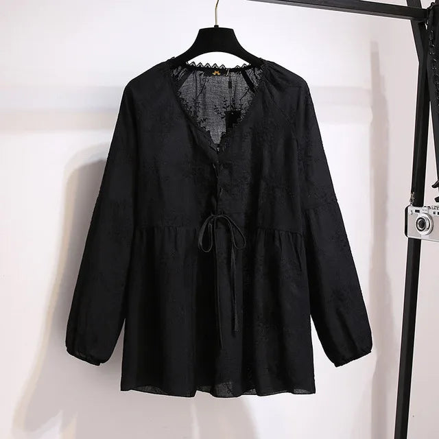 Fudus | 5-9xl Mode Designer Blumen Gestickte Bluse Langarmoberteile