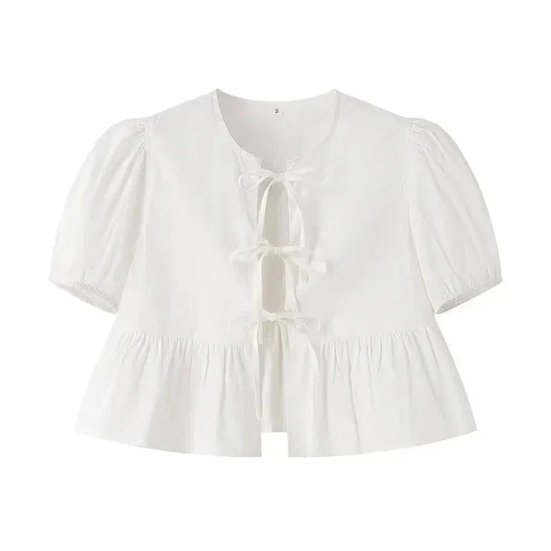 Fudus | Bluse Schleifenbindung Rückseite Mode Designer Puffärmel T-shirts
