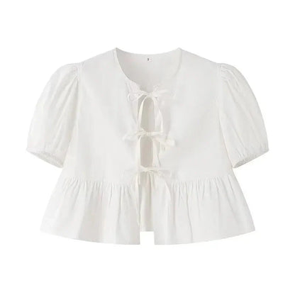 Fudus | Bluse Schleifenbindung Rückseite Mode Designer Puffärmel T-shirts