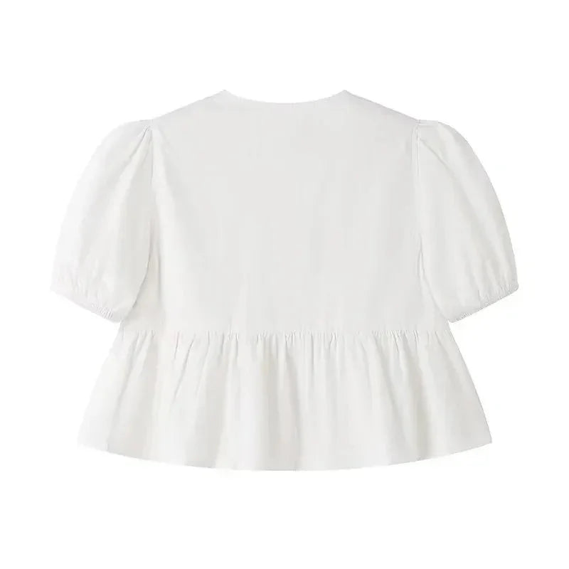 Fudus | Bluse Schleifenbindung Rückseite Mode Designer Puffärmel T-shirts