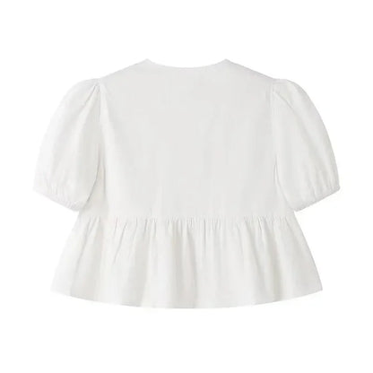Fudus | Bluse Schleifenbindung Rückseite Mode Designer Puffärmel T-shirts