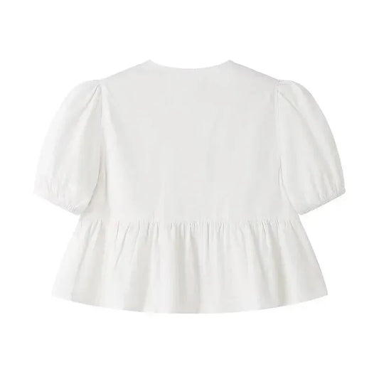 Fudus | Bluse Schleifenbindung Rückseite Mode Designer Puffärmel T-shirts