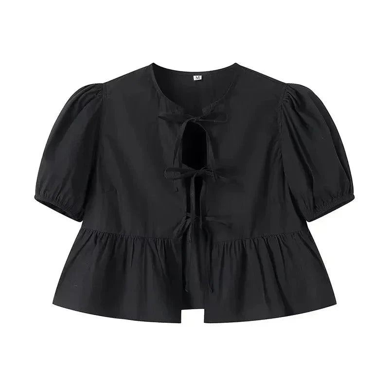 Fudus | Bluse Schleifenbindung Rückseite Mode Designer Puffärmel T-shirts